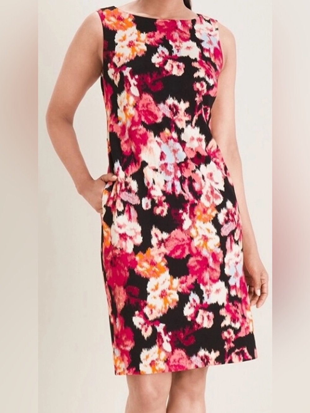 Chico’s Black Pink Floral Sleeveless Ponte Shift Dress Size 0 Wedding Guest